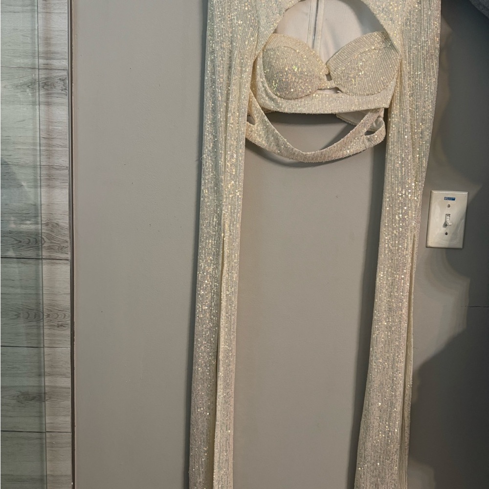 Fashion Nova Sparkling Cream Backless Dress